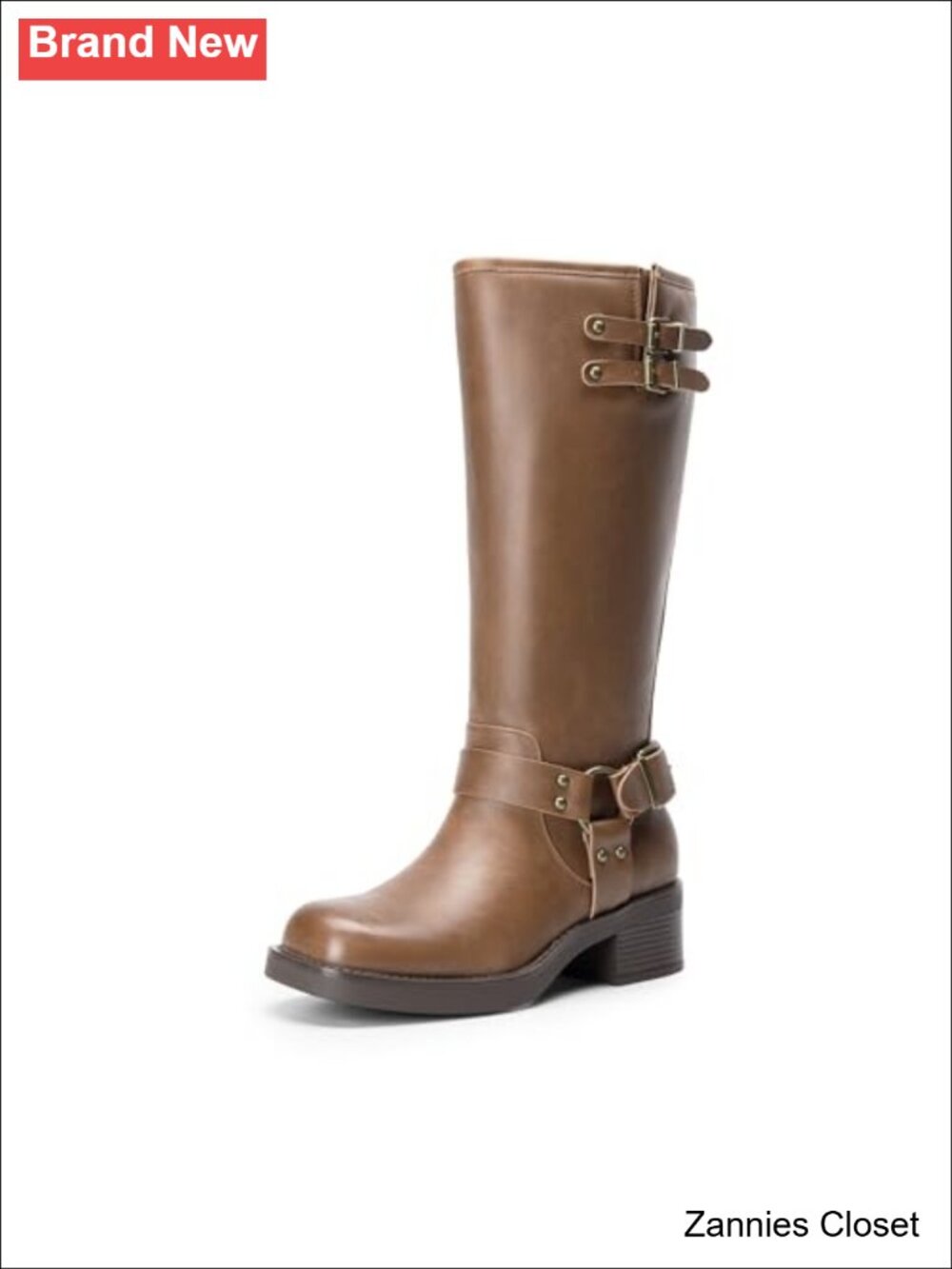✨ Knee High Moto Boots Faux Leather Square Toe Block Heel Buckle Straps